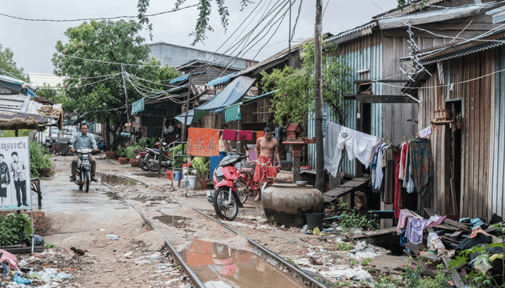 James distributing Christian literature and food in Phnom Penh slums near trash mountain.